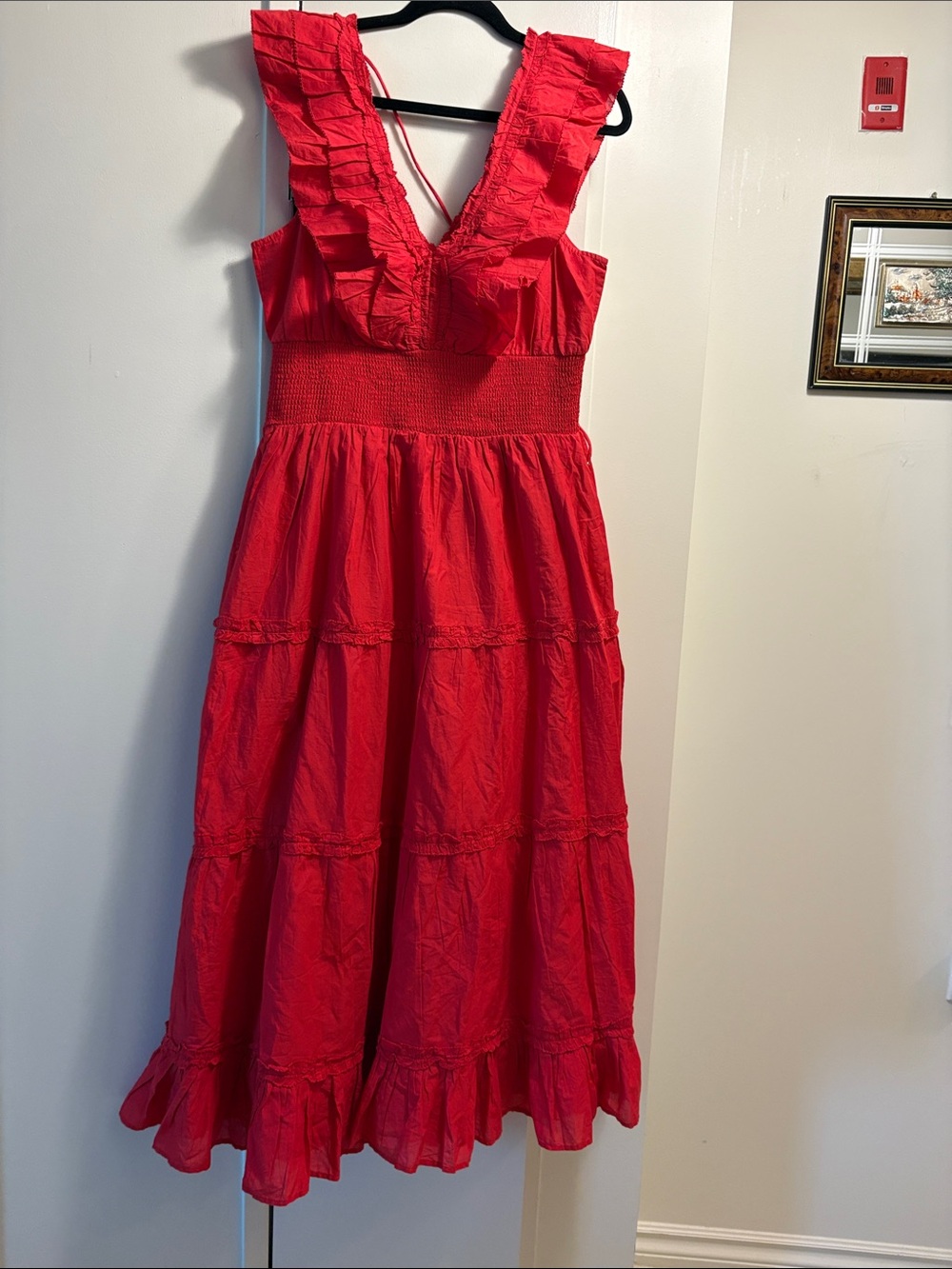 Caroline Constas Red Ruffled V‑Neck Tiered Midi Dress